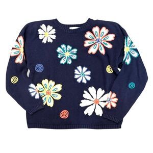 Vintage Bugle Boy Sweater Floral Knit Crewneck 90s boho embroidered Wmns M Navy